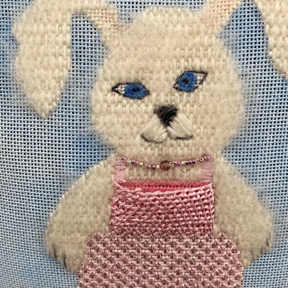 VTG Tooth Fairy Pillow Handmade Bunny Rabbit Needlepoint w Pattern Magazine OOAK
